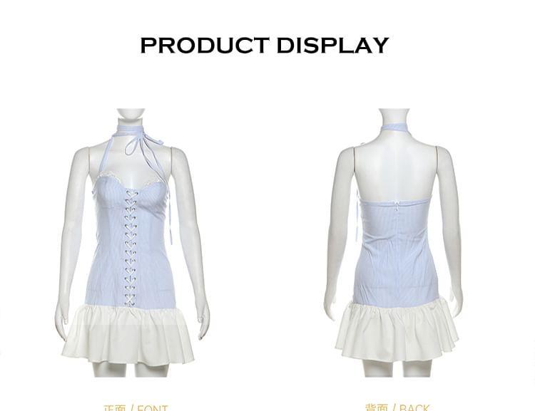 Long-Sleeve Plain Crop Shirt / Strapless Two Tone Lace-Up Lace Trim Mini A-Line Dress Product Image
