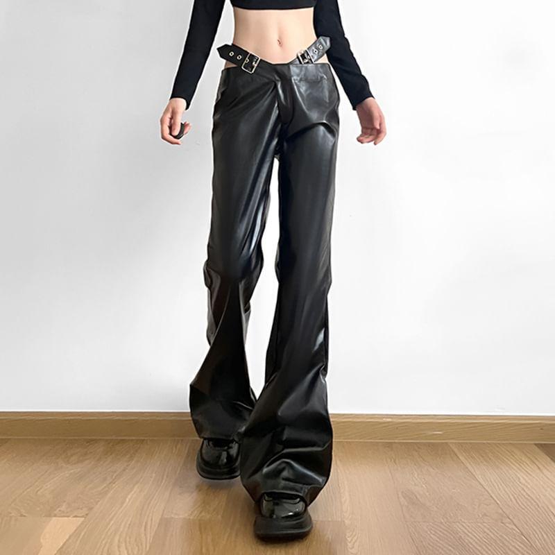Low Rise Cutout Faux Leather Wide Leg Pants Product Image