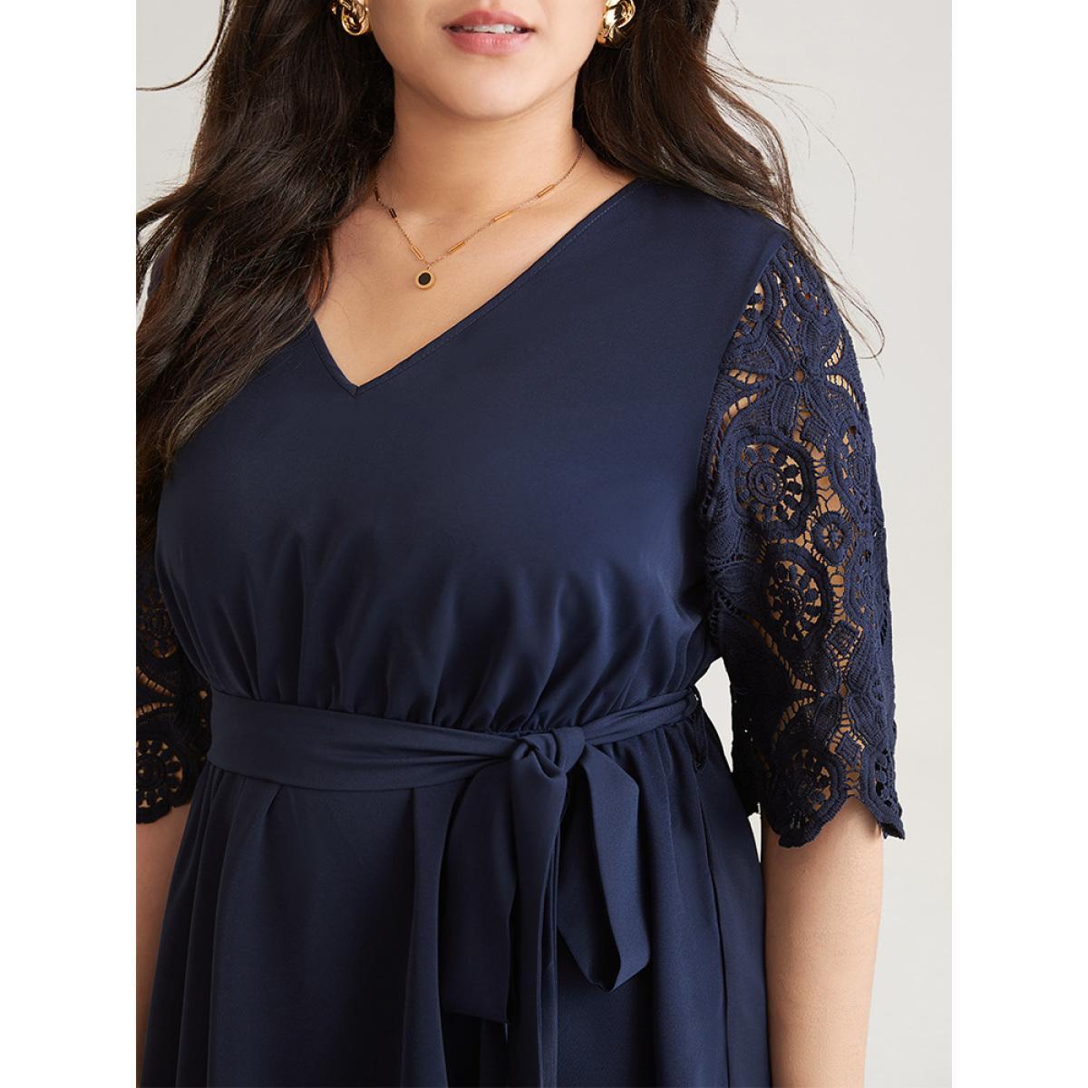 Plus Size Indigo Lace Patchwork Belted Hanky Hem Blouse Women Elegant Half Sleeve V-neck Work Blouses BloomChic 28/5X Product Image