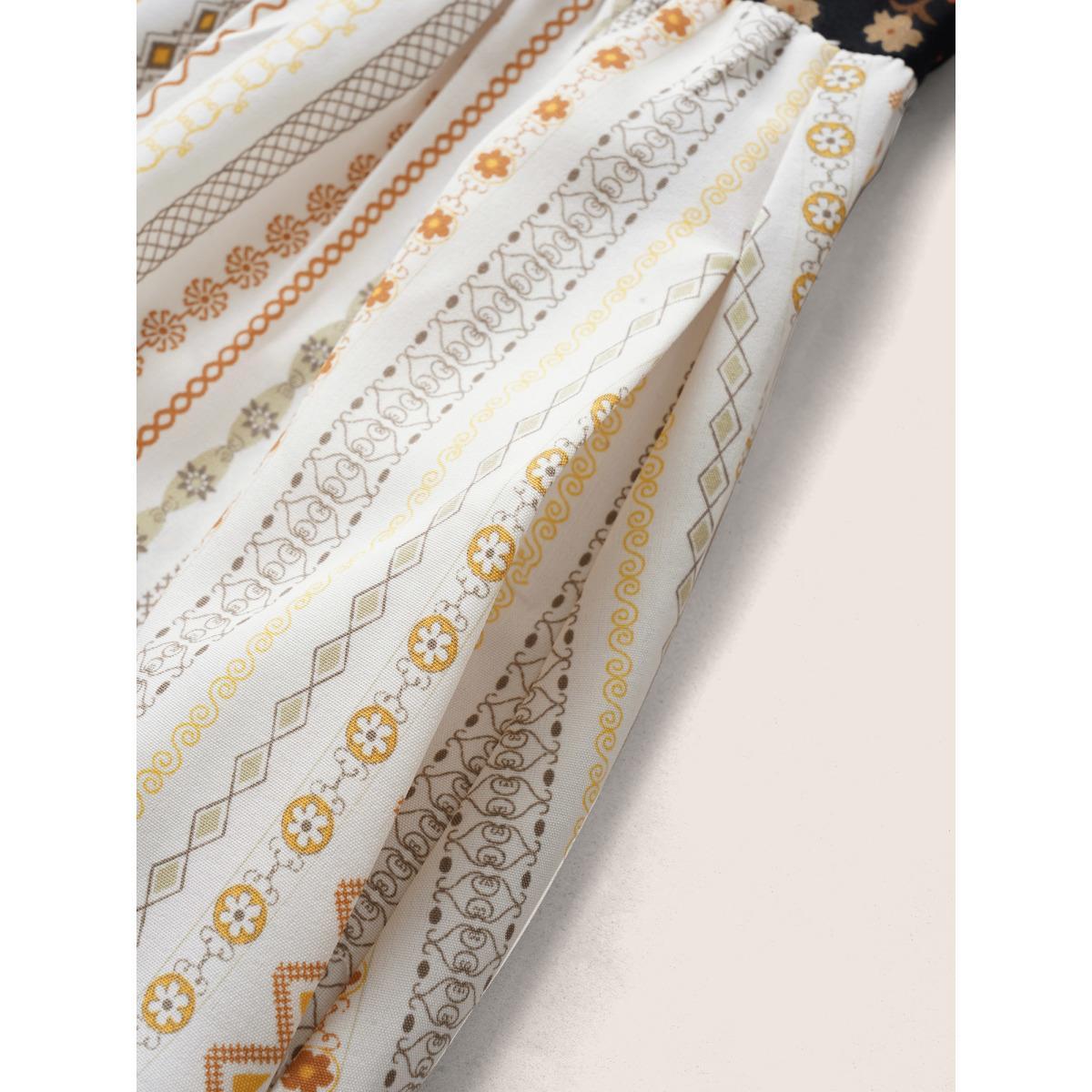 Plus Size Bandana Striped Patchwork Notched Lantern Sleeve Dress Beige Women Resort Patchwork Flat collar with V-notch Elbow-length sleeve Curvy Midi Dress BloomChic 14-16/1X Product Image