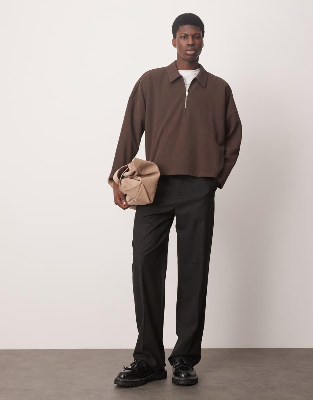 ASOS DESIGN oversized boxy brushed rib polo in brown Product Image