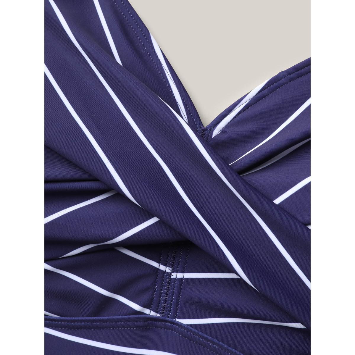 Plus Size Nautical Striped Print Front-Twist Swim Top Women's Swimwear Indigo Beach Twist High stretch Skinny V-neck Curve Swim Tops BloomChic 14-16/1X Product Image