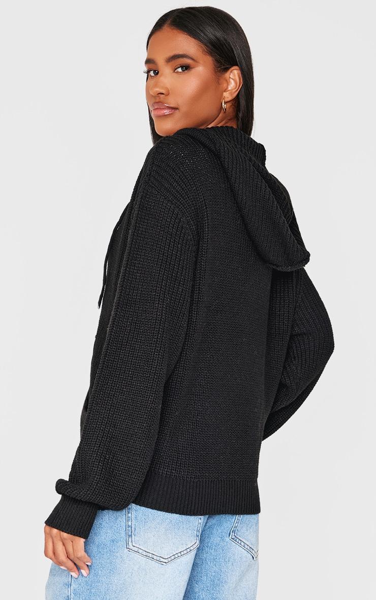 Black Thick Rib Knit Zip Up Hoodie Product Image