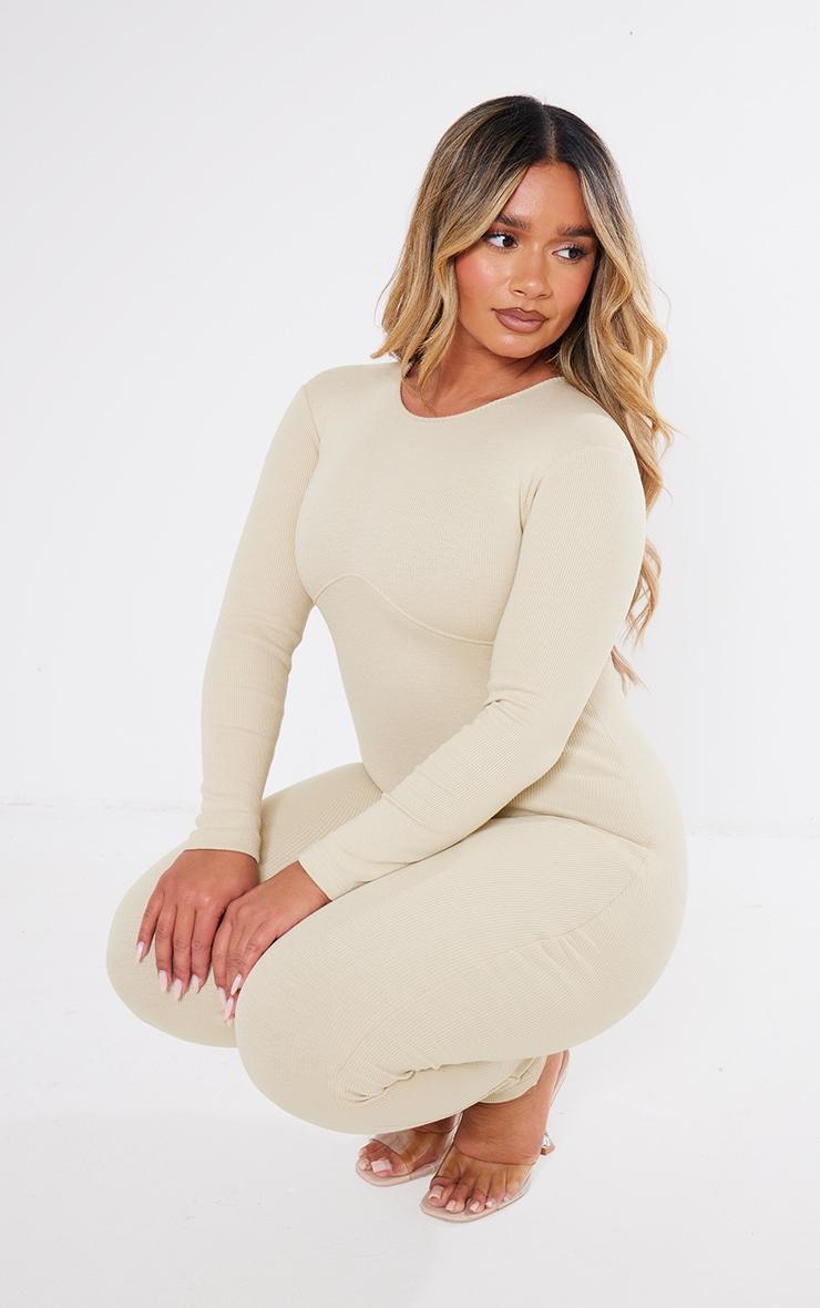 Shape Stone Ribbed Zip Front Long Sleeve Jumpsuit Product Image