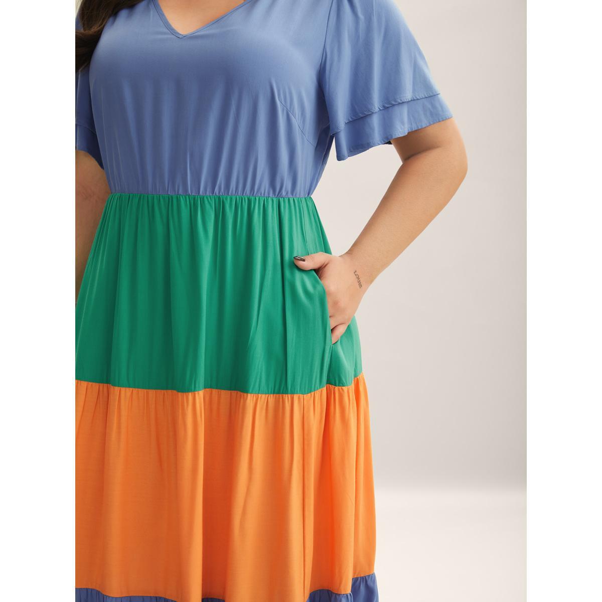Plus Size Rayon Color Block Layered Sleeve Maxi Dress Stone Women V-neck Short sleeve Curvy BloomChic 26/4X Product Image