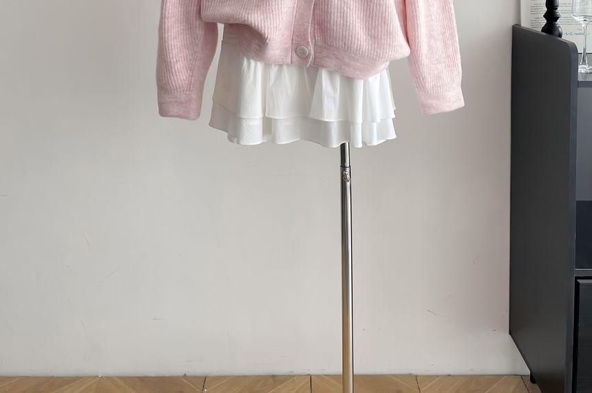 V-Neck Plain Ribbed Cardigan Product Image