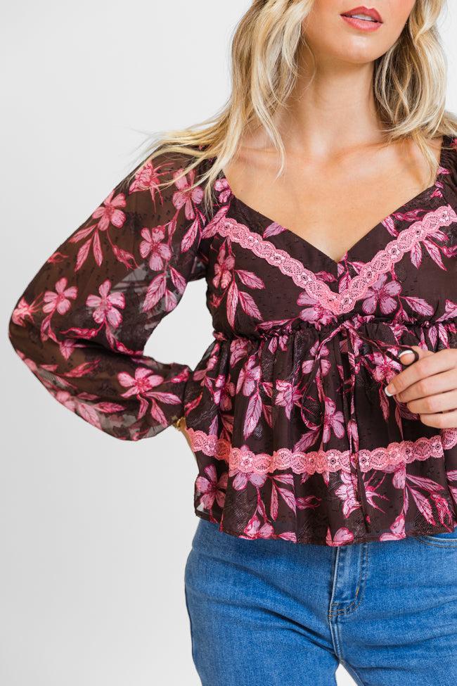 In My Dreams Brown and Pink Lace Trim Floral Blouse FINAL SALE Product Image
