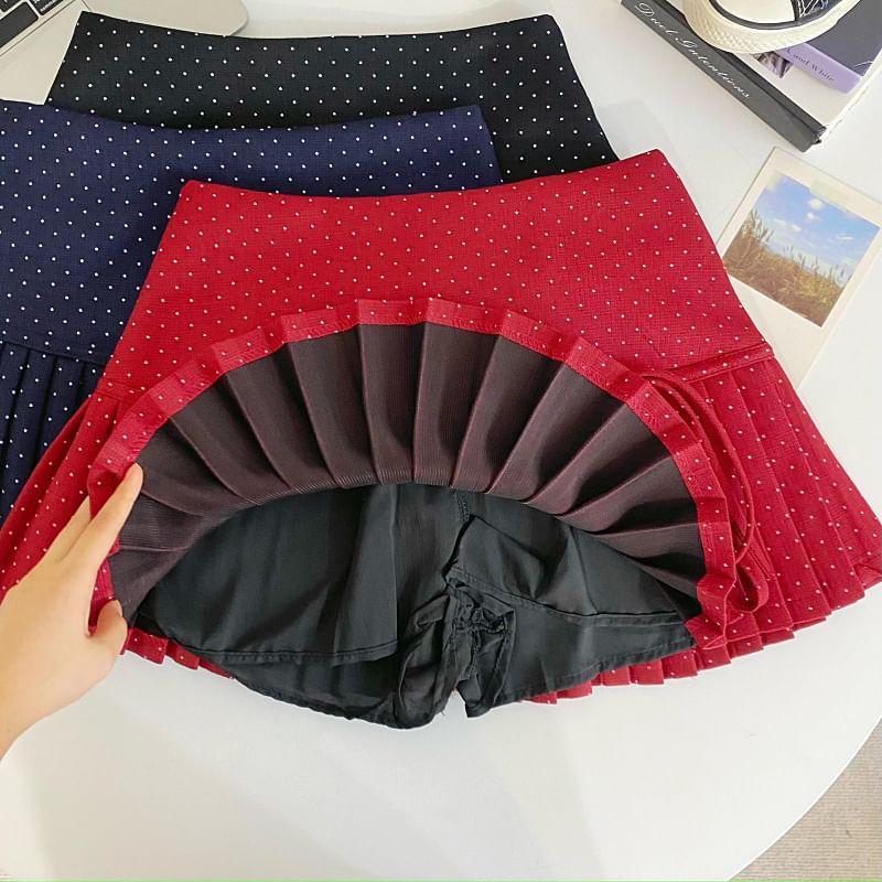 High Rise Dotted Bow Accent Pleated Mini A-Line Skirt Product Image
