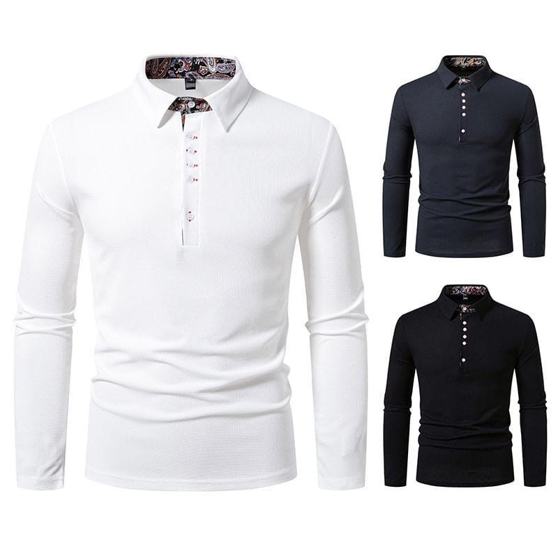 Long-Sleeve Paisley Print Panel Polo Shirt Product Image