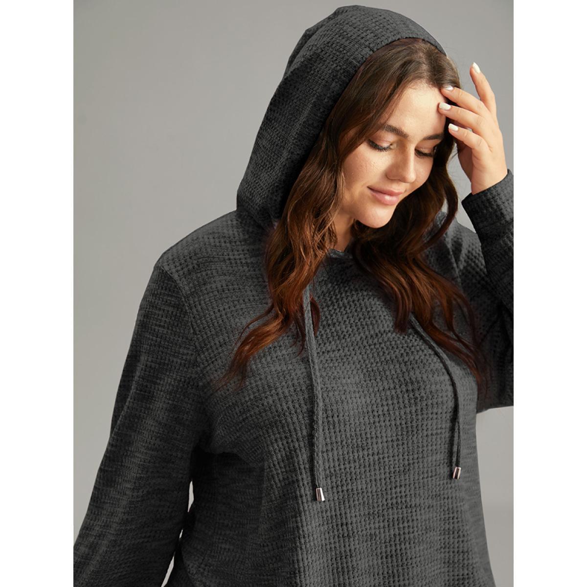 Plus Size Colour Waffle Knit Hooded Drawstring Sweatshirt Women DimGray Casual Waffle Knit Hooded Everyday Sweatshirts BloomChic 22-24/3X Product Image