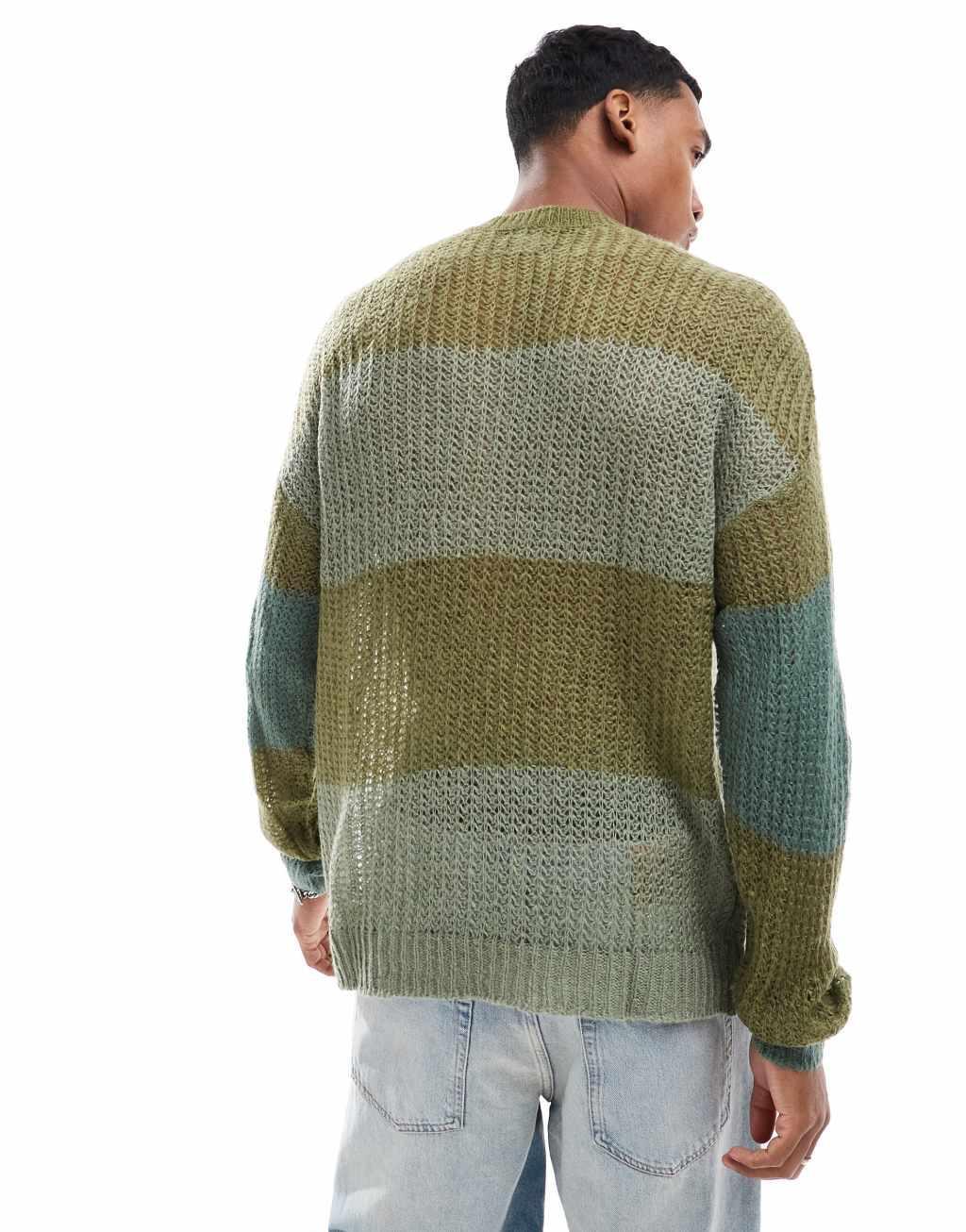 ASOS DESIGN relaxed open knit sweater in khaki stripe Product Image