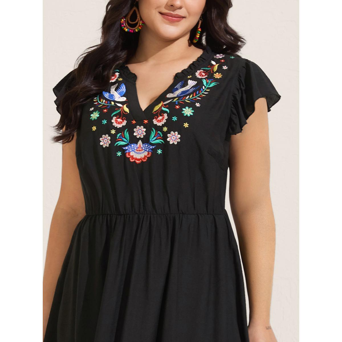 Plus Size Floral Embroidered Notched Collar Midi Dress Black Women Flat collar with V-notch Cap Sleeve Curvy BloomChic 30/6X Product Image