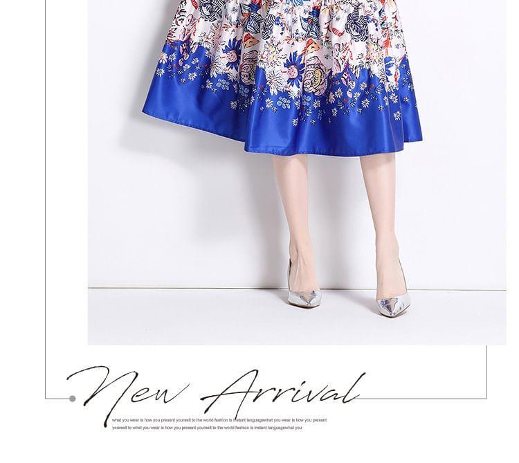 Cap Sleeve Collared Floral Print Belted Midi A-Line Dress Product Image