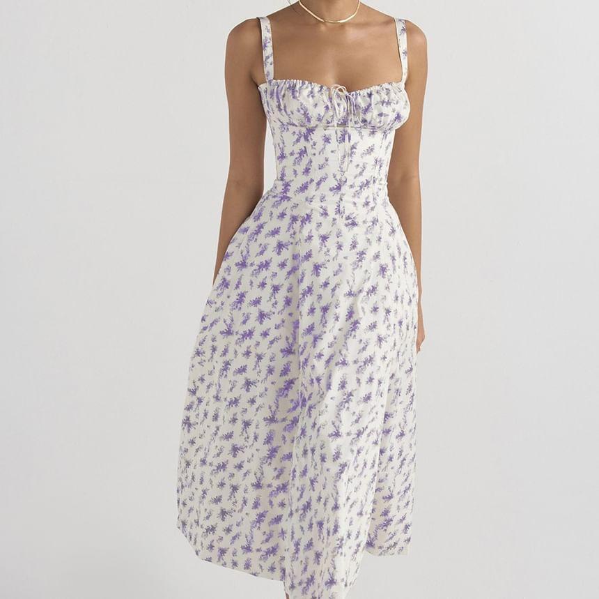 Spaghetti Strap V-Neck Floral  Midi A-Line Dress Product Image