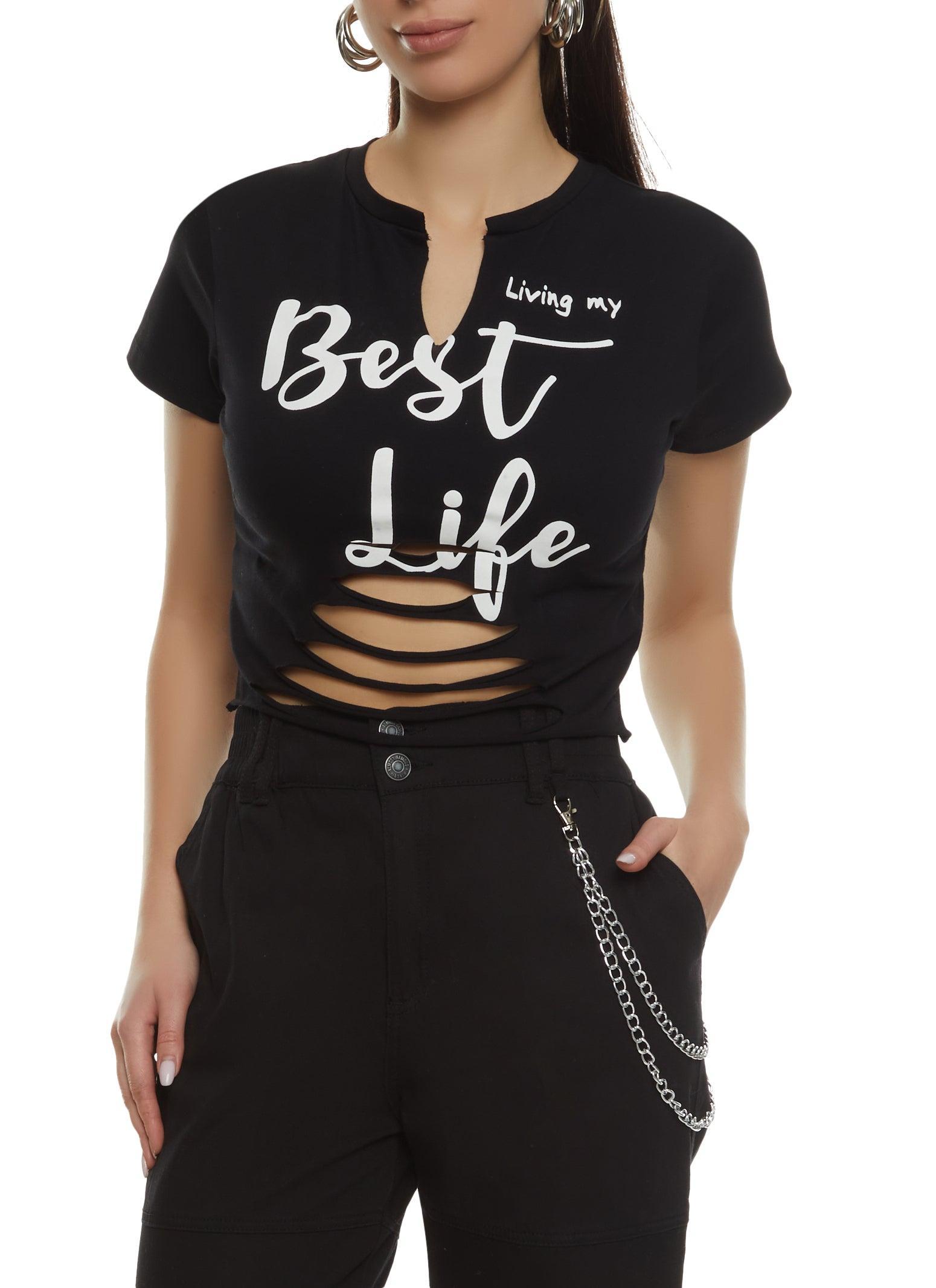 Womens Living My Best Life Laser Cut Cropped Tee Product Image