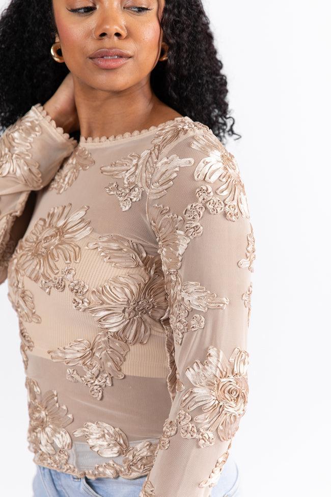 My Two Cents Champagne Floral Applique Mesh Top FINAL SALE Product Image