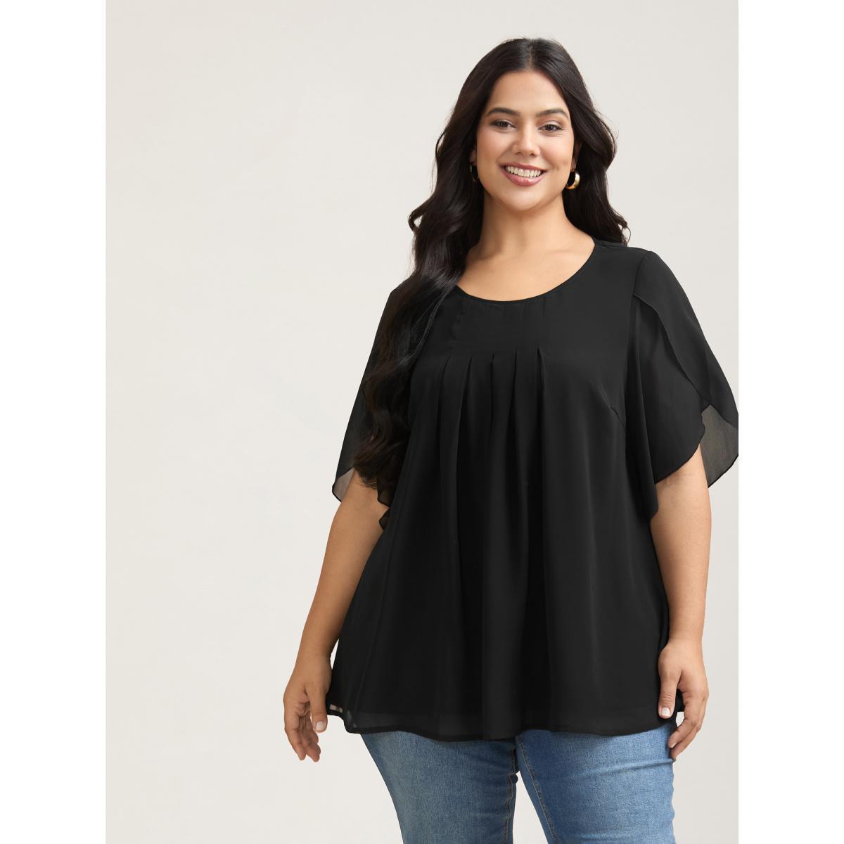Plus Size Black Petal Sleeve Pleated Sheer Shirt Women Elegant Elbow-length sleeve Round Neck Everyday Blouses BloomChic 28/5X Product Image