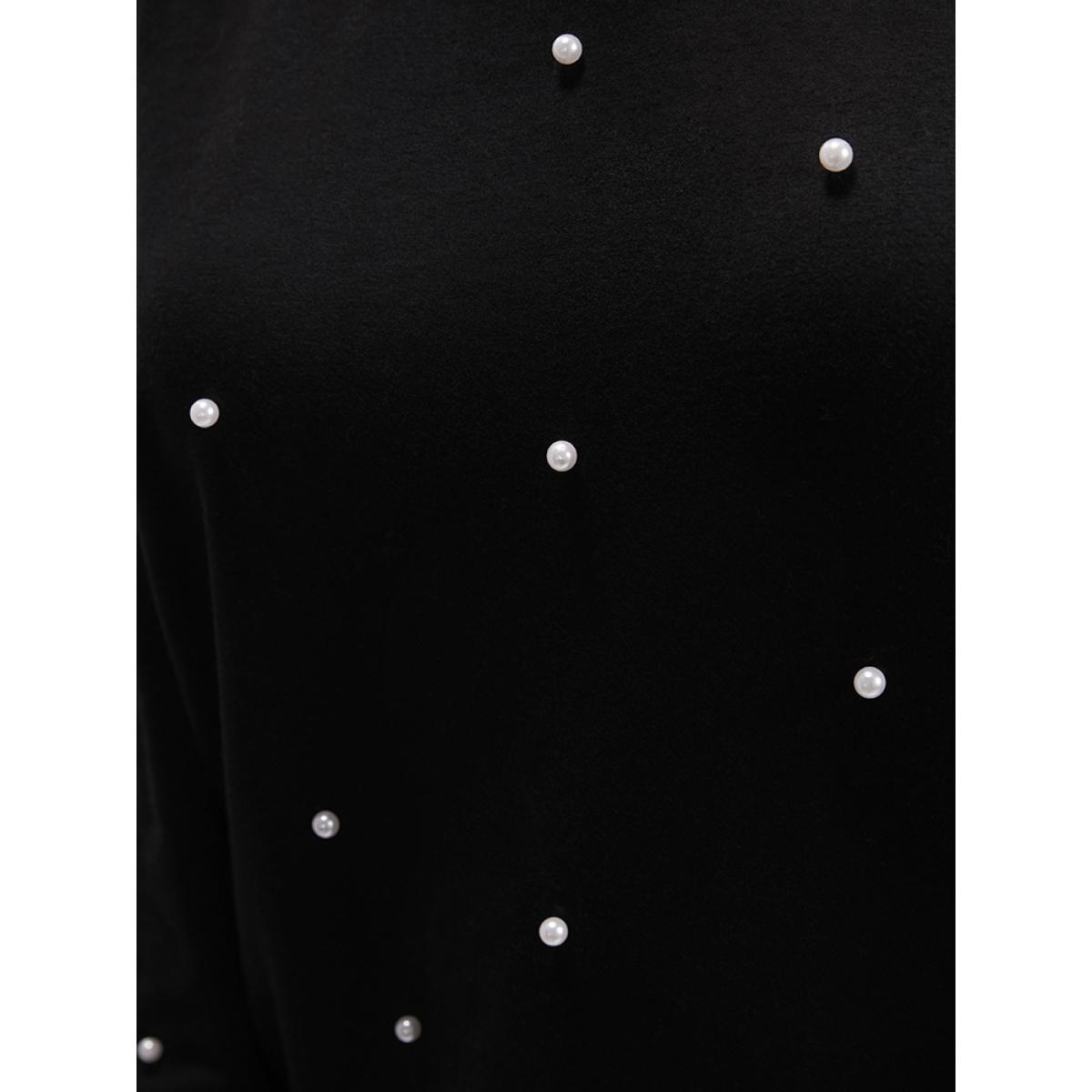 Plus Size Solid Pearl Beaded Drop Shoulder Sweatshirt Women Black Party Beaded Round Neck Going out Sweatshirts BloomChic 22-24/3X Product Image