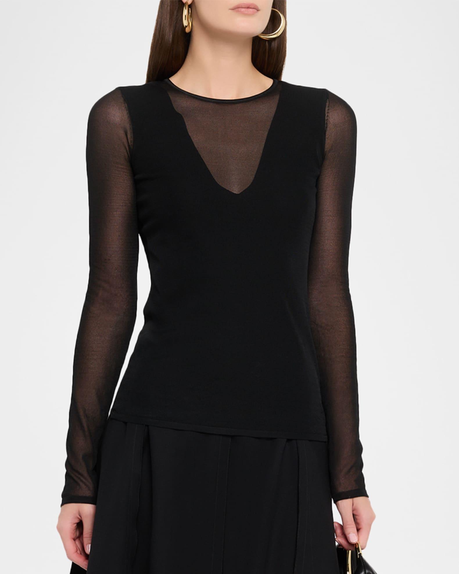 V-Neck Long-Sleeve Sheer Knit Top Product Image