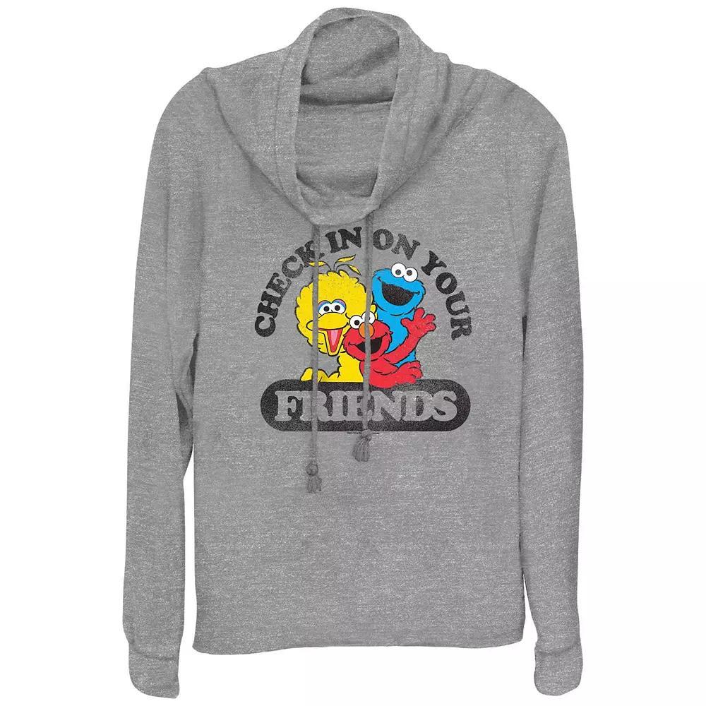 Women's PBS Kids Sesame Street Elmo, Big Bird & Cookie Monster Check In On Your Friends Cowlneck Graphic Lightweight Long Sleeve, Size: Small, Gray Grey Product Image