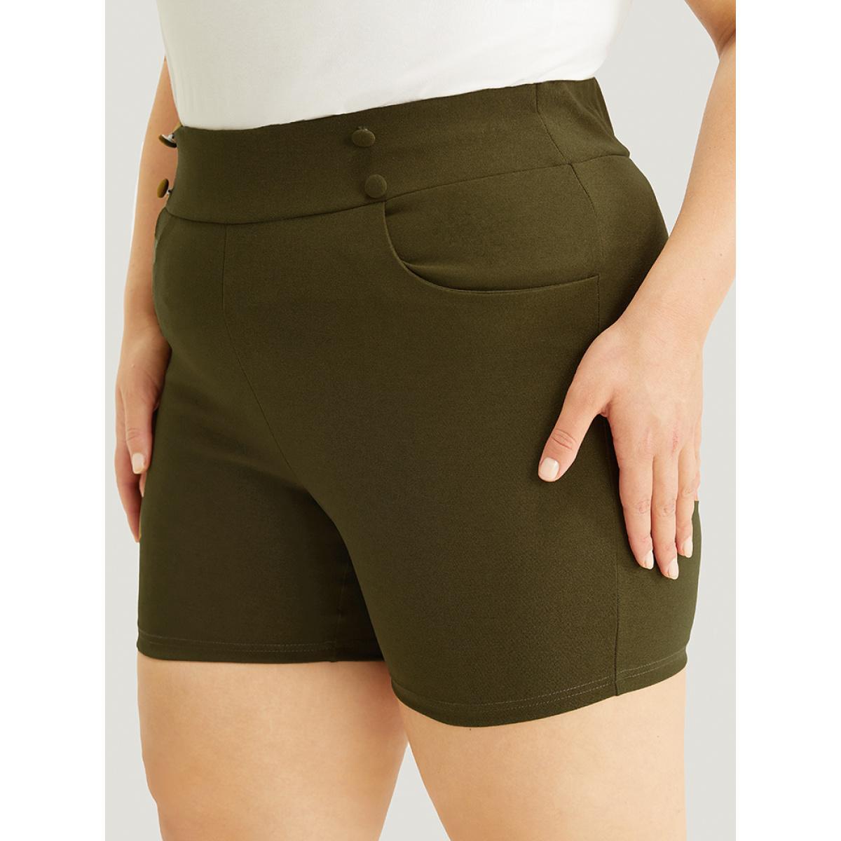 Plus Size Solid Elastic Waist Button Detail Pocket Shorts Women ArmyGreen Elegant High stretch Bodycon Mid Rise Dailywear Leggings BloomChic 10/M Product Image