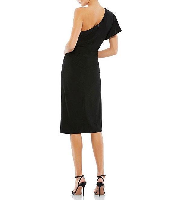Mac Duggal Asymmetrical Hem One Shoulder Short Flutter Sleeve Ruched Twist Waist Faux Wrap Midi Dress Product Image