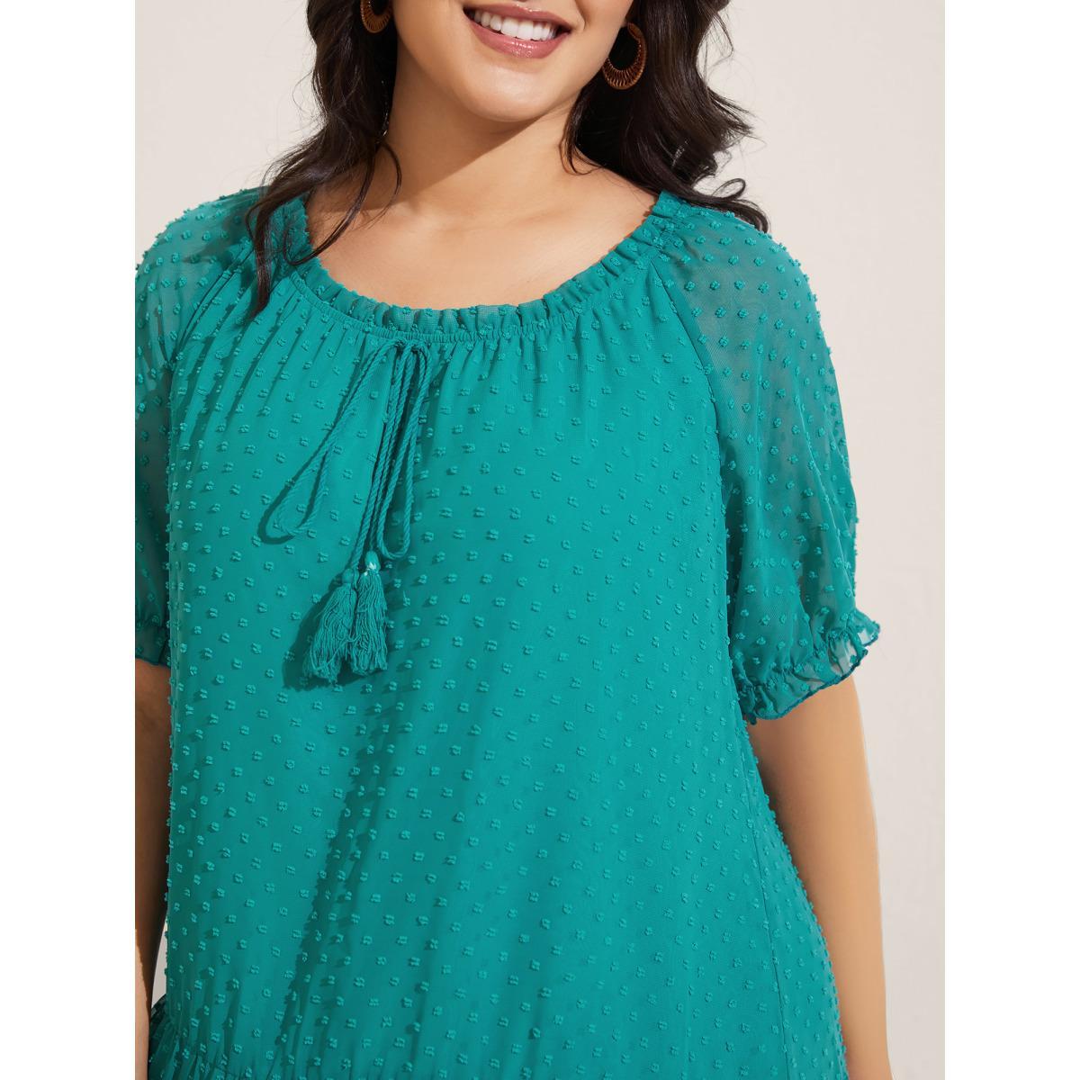 Plus Size Polka Dot Texture Tiered Tassel Midi Dress Emerald Women U-neck Half Sleeve Curvy BloomChic 10/M Product Image