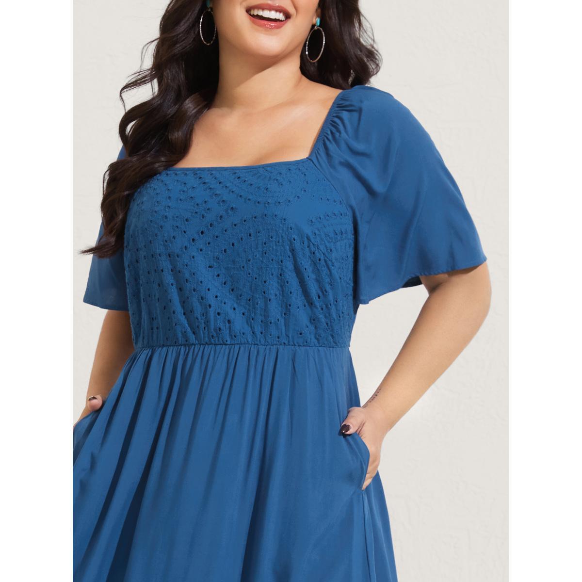 Plus Size Rayon Lace Pleated Tiered Midi Dress Mediumblue Women Square Neck Short sleeve Curvy BloomChic 12/L Product Image
