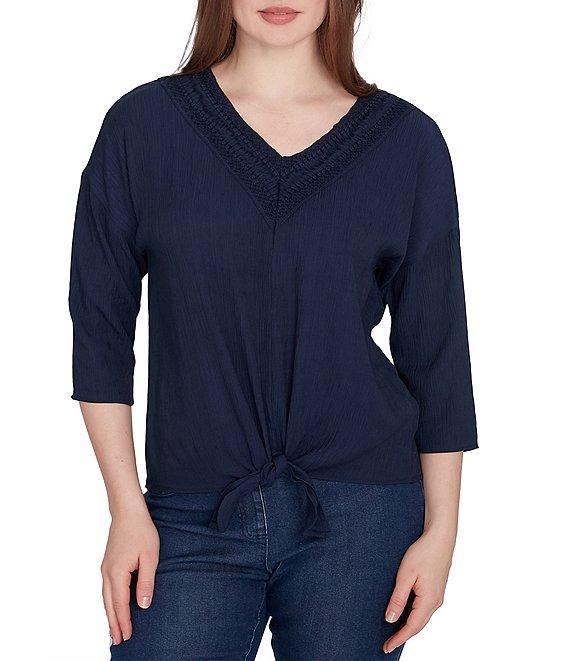 Ruby Rd. Woven Gauze V-Neck 3/4 Sleeve Tie-Front Top Product Image