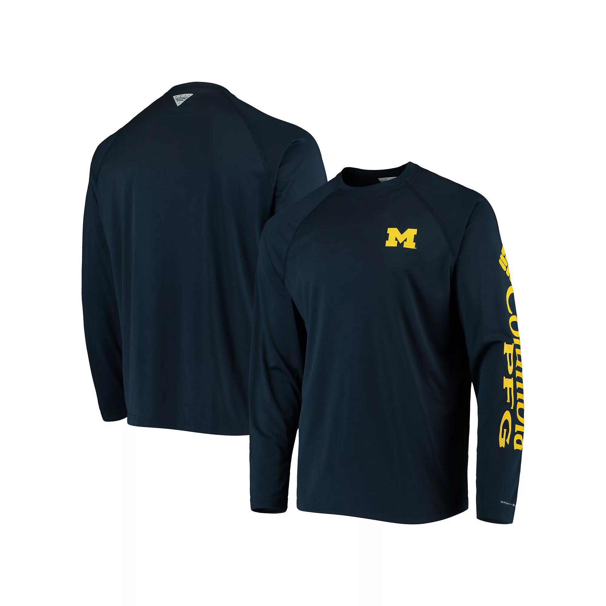 Men's Columbia Navy Michigan Wolverines Terminal Tackle Omni-Shade Raglan Long Sleeve T-Shirt, Size: Large, Blue Product Image