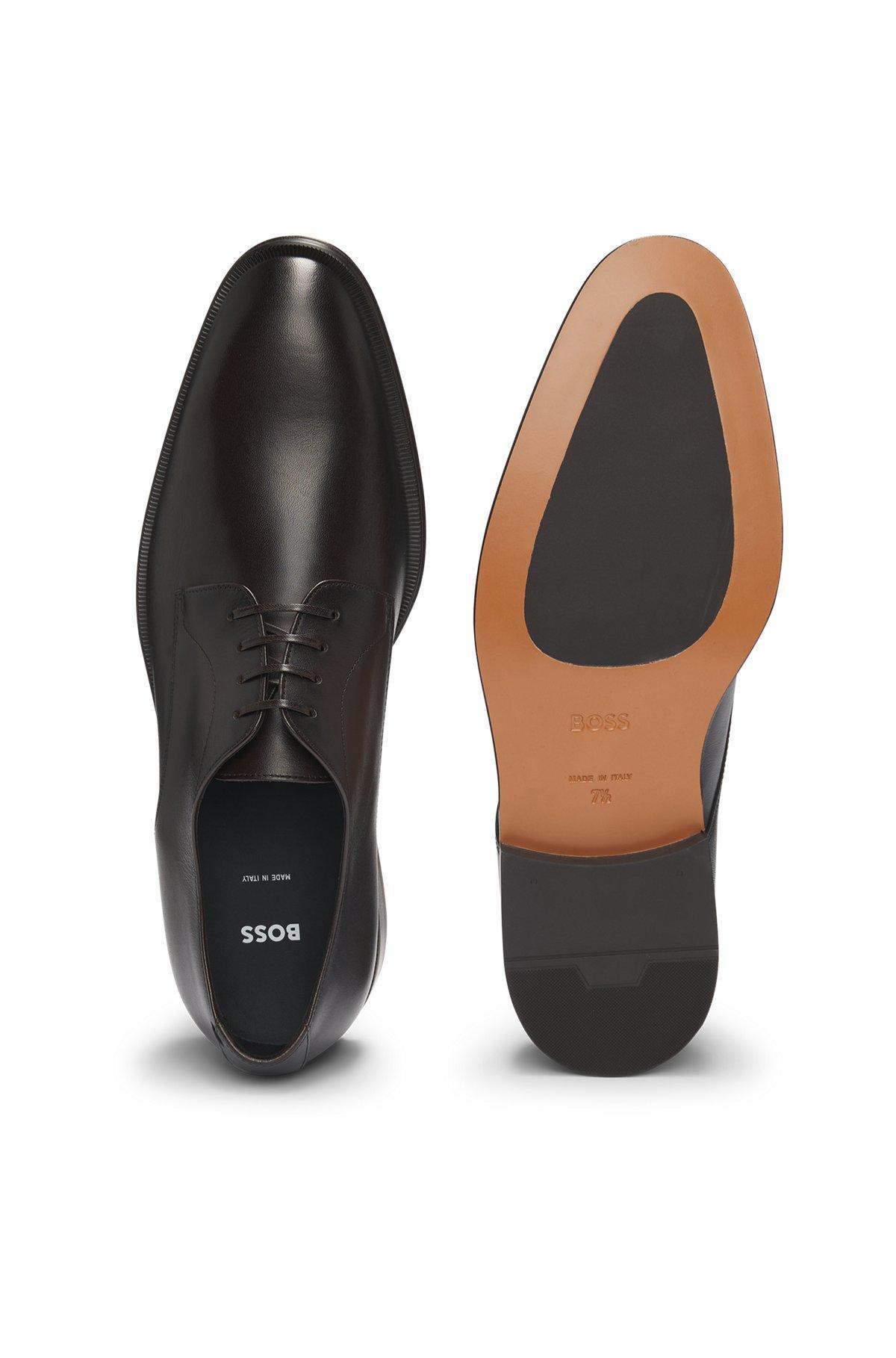 BOSS - Italian leather Derby shoes with stitching details - Dark Brown Product Image