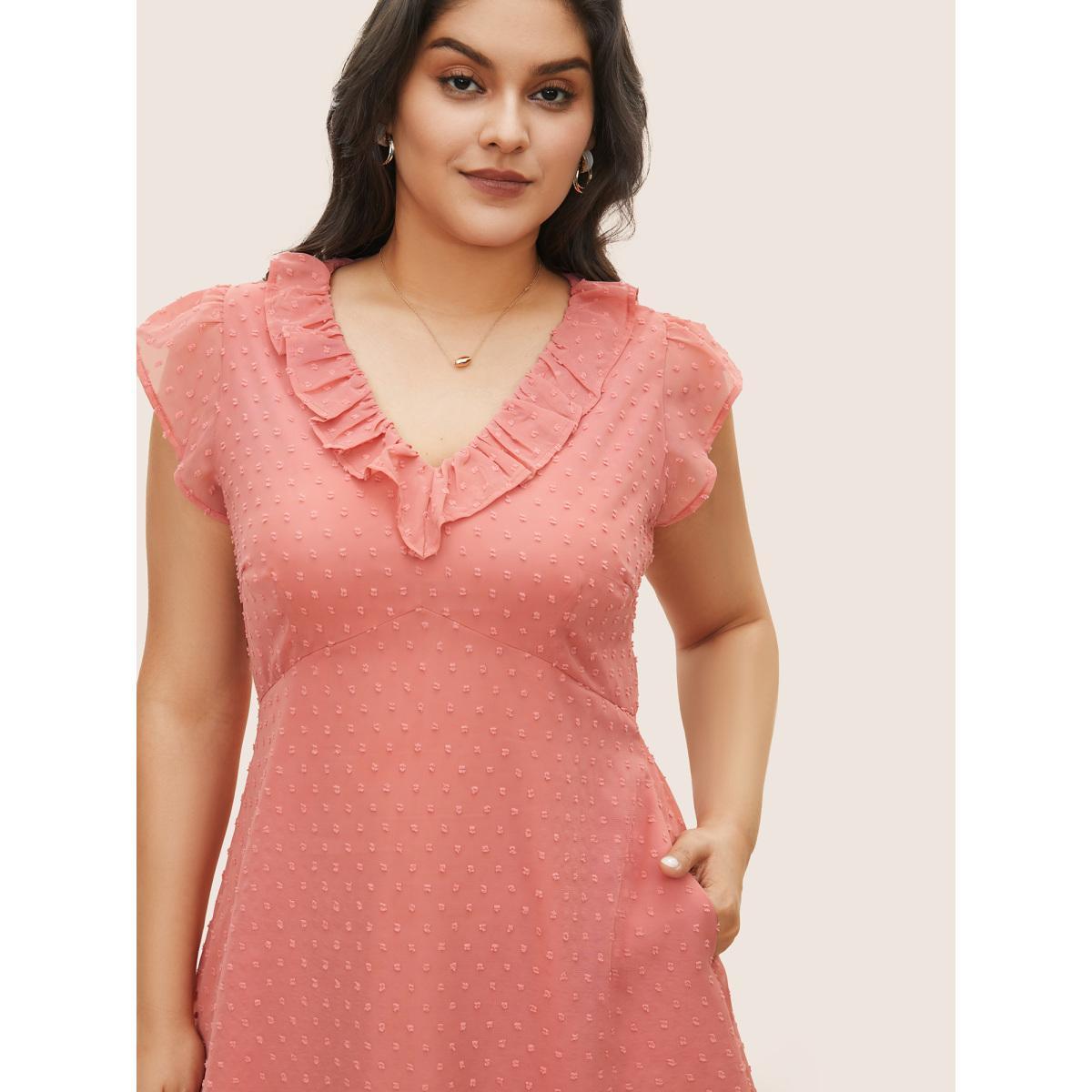 Plus Size Chiffon Plisse Ruffle Cap Sleeve Dress Watermelon Women Elegant Texture V-neck Cap Sleeve Curvy Midi Dress BloomChic 22-24/3X Product Image
