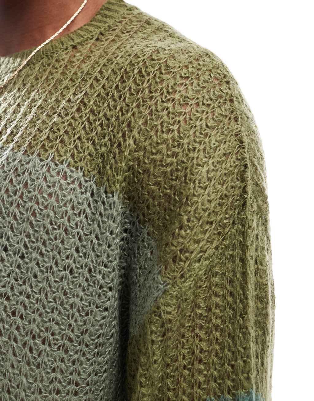 ASOS DESIGN relaxed open knit sweater in khaki stripe Product Image