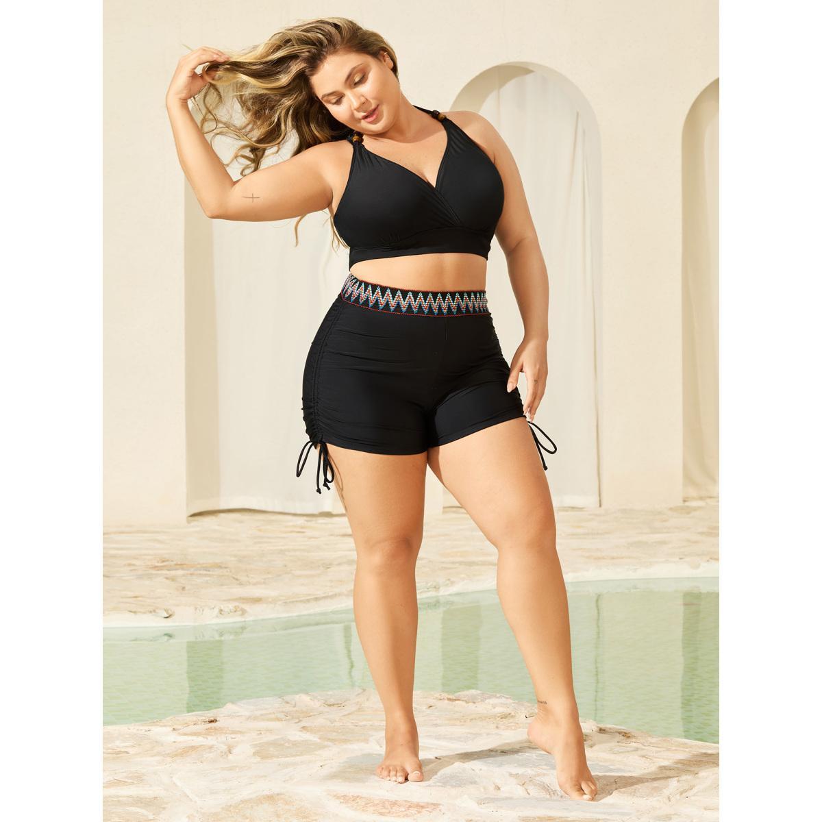 Plus Size Multi-Color Webbing Side Drawstring Swim Bottoms Women's Swimwear Black Beach Woven ribbon&lace trim High stretch Skinny High Rise Curve Swim Bottoms BloomChic 22-24/3X Product Image