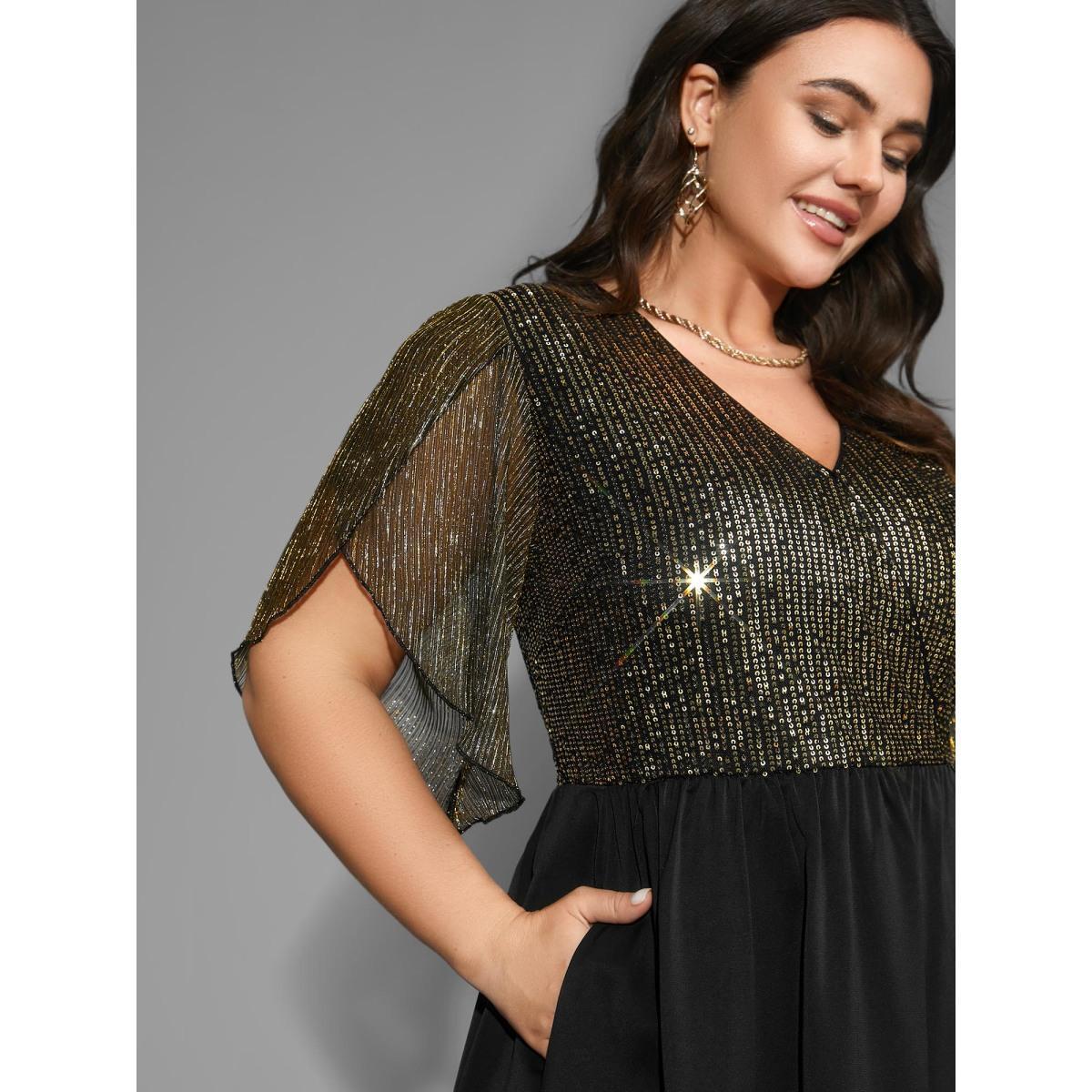 Plus Size Sequin Mesh Petal Sleeve Midi Dress Black Women Cocktail Overlapping Party Curvy Bloomchic 14-16/1X Product Image