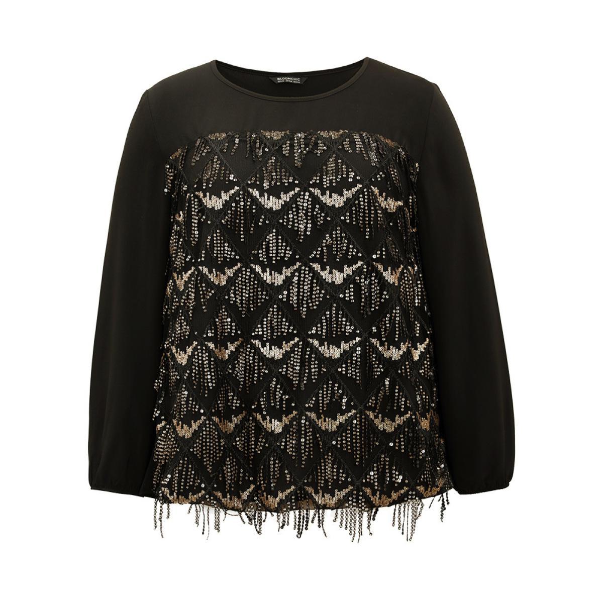 Plus Size Black Sequin Tassel Trim Patchwork Lantern Sleeve Blouse Women Glamour Long Sleeve Round Neck Party Blouses BloomChic 18-20/2X Product Image