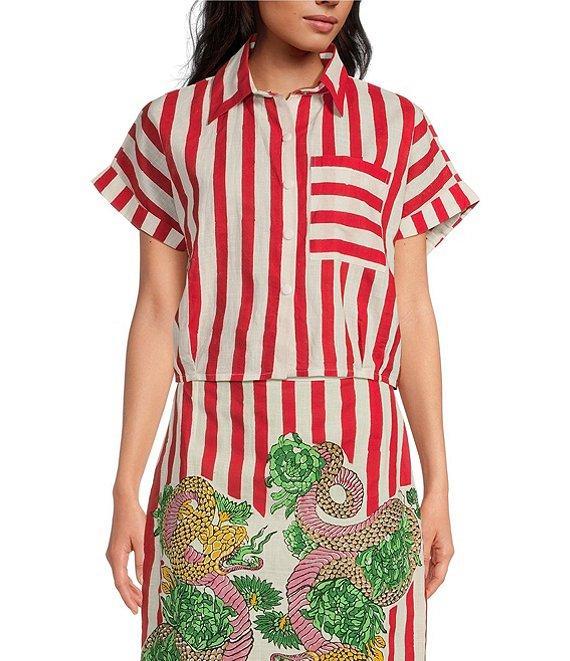 Mo Maya Red Stripe Dragon Print Camp Collar Short Sleeve Button Front Coverup Top Product Image