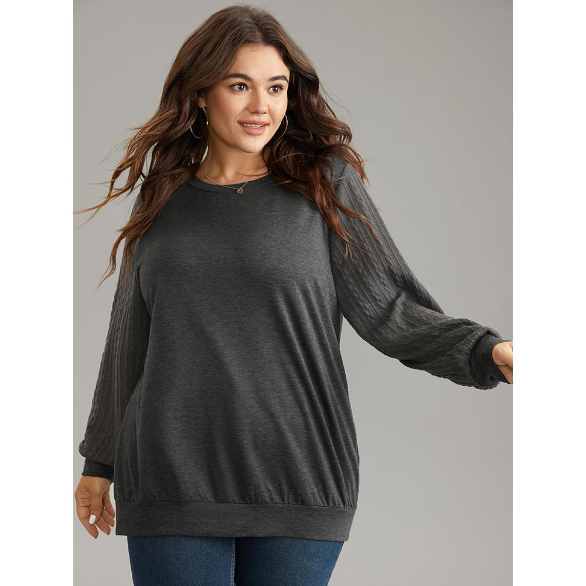 Plus Size Solid Cable Knit Crew Neck Sweatshirt Women Gray Elegant Texture Round Neck Dailywear Sweatshirts BloomChic 26/4X Product Image