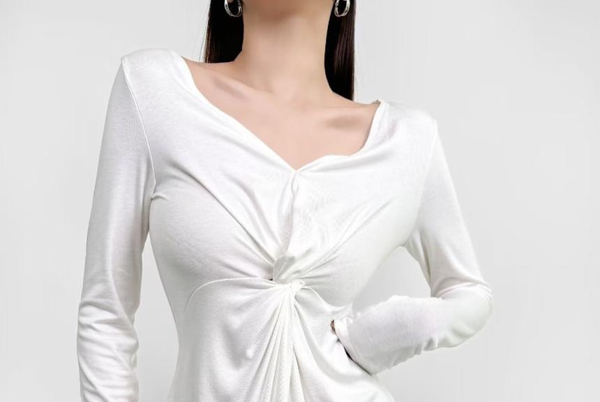 Long-Sleeve V-Neck Twist Drawstring Long T-Shirt Product Image