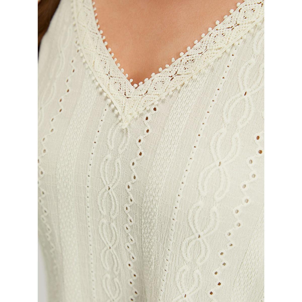 Plus Size Lace Patchwork V Neck Broderie Anglaise T-shirt Ivory Women Elegant Texture Plain V-neck Dailywear T-shirts BloomChic 30/6X Product Image