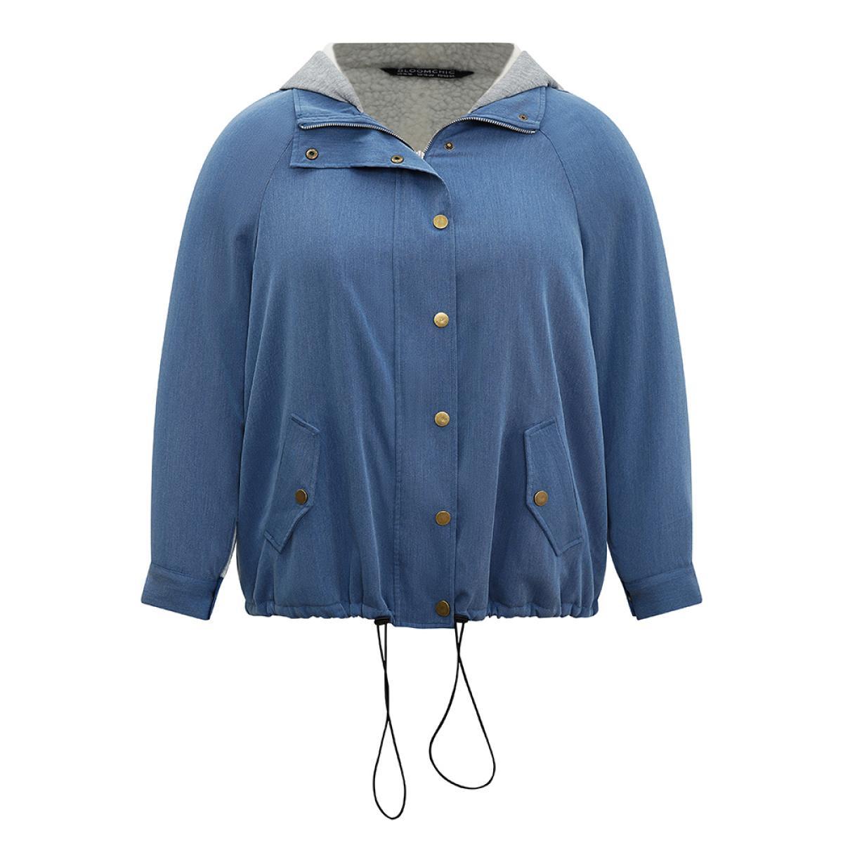 Plus Size Denim Hooded Drawstring Fuzzy Patchwork Jacket Women Blue Lined Pocket Dailywear Jackets BloomChic 26/4X Product Image