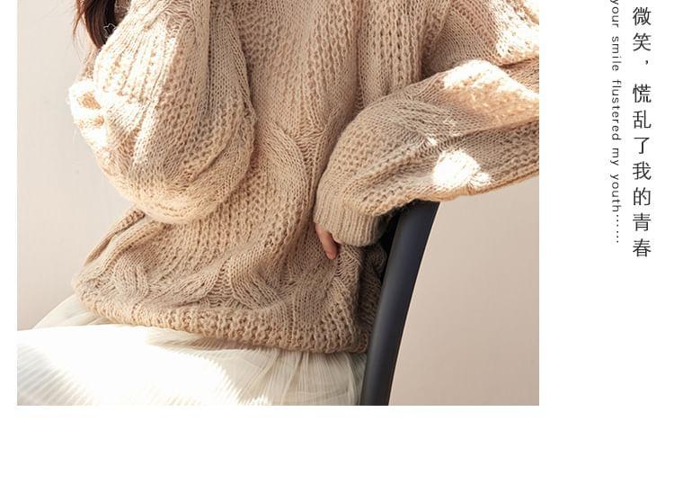 Crew Neck Plain Cable Knit Sweater Product Image