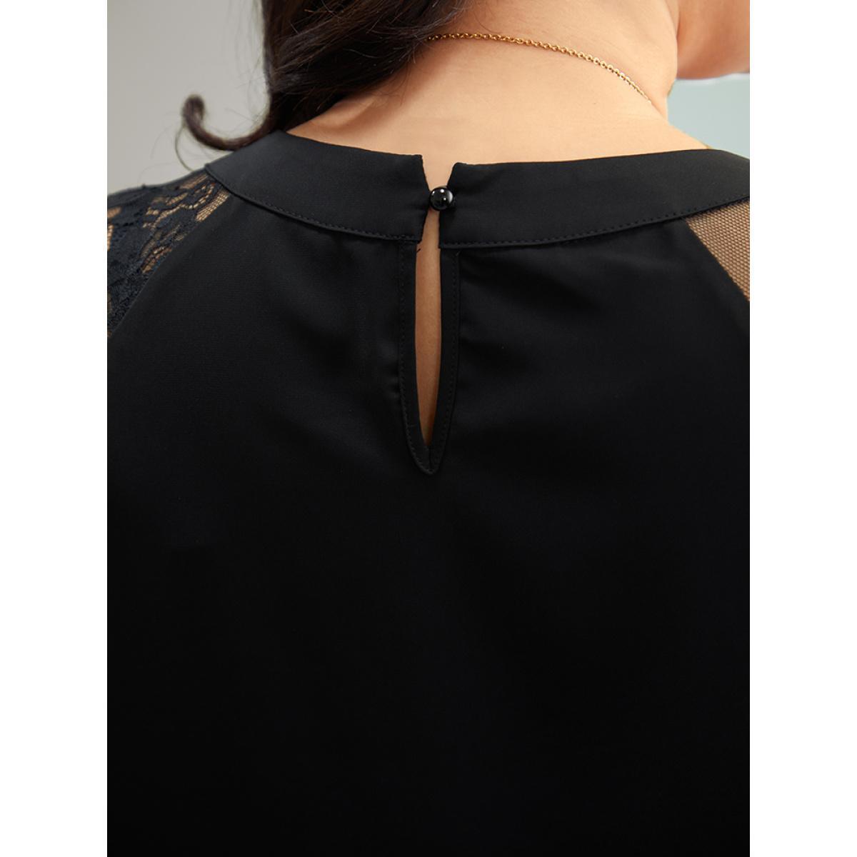 Plus Size Black Anti-Wrinkle Crochet Lace Mesh Keyhole Blouse Women Office Long Sleeve Keyhole Cut-Out Work Blouses BloomChic 14-16/1X Product Image