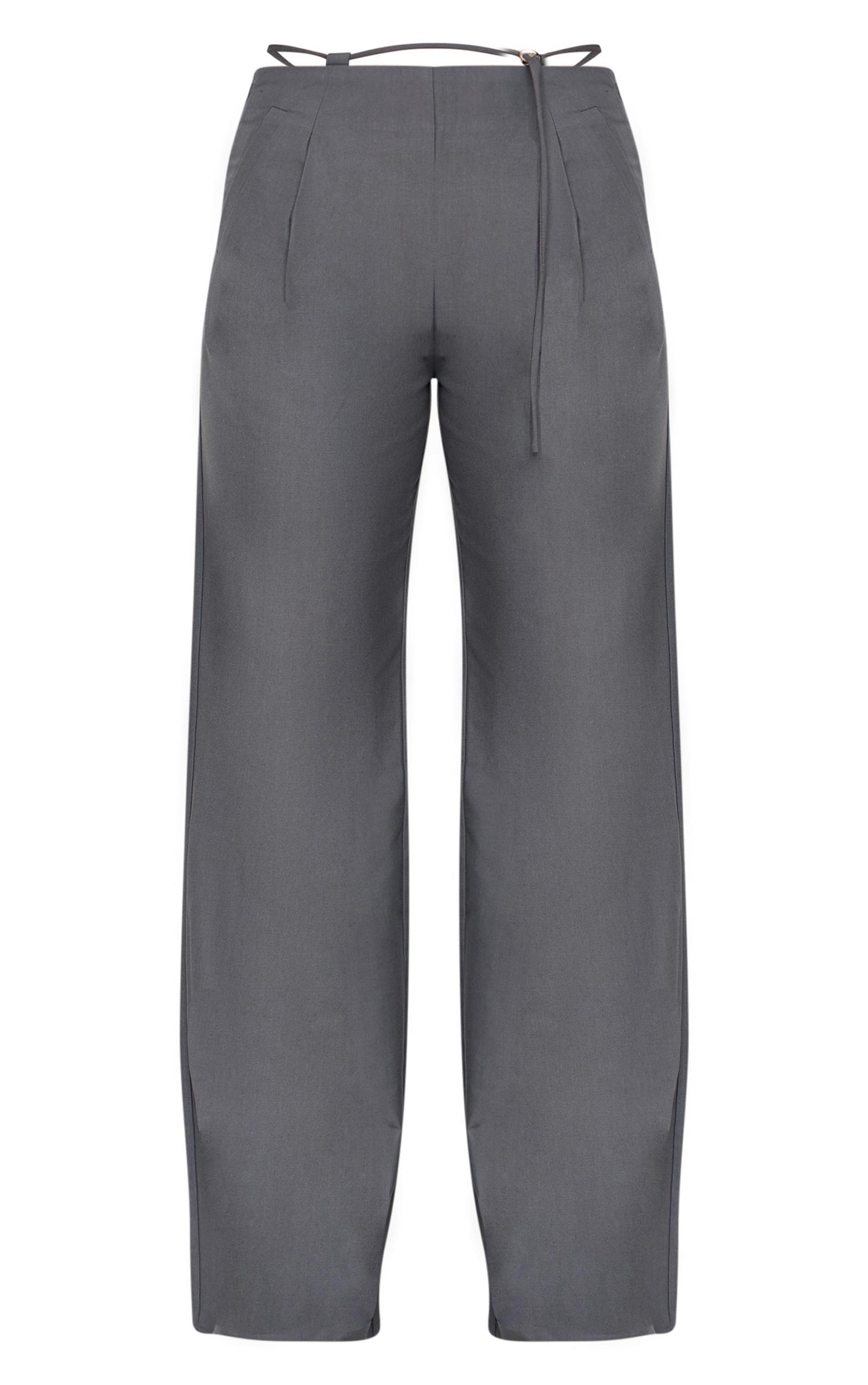  Charcoal Woven Low Rise Thin Belt Detail Straight Leg Pants Product Image