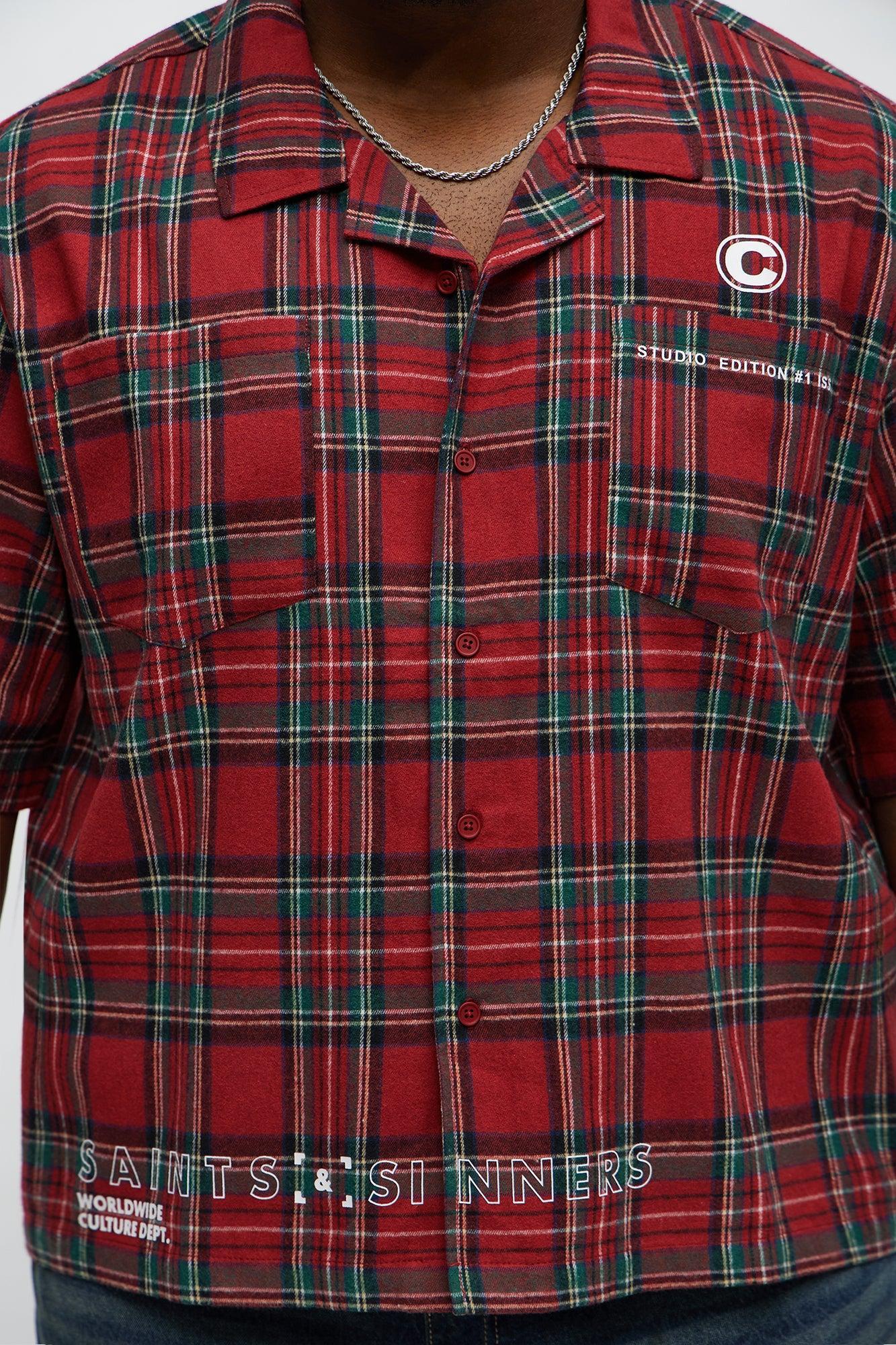 Culture Plaid Cropped Button Up Shirt - Red Product Image