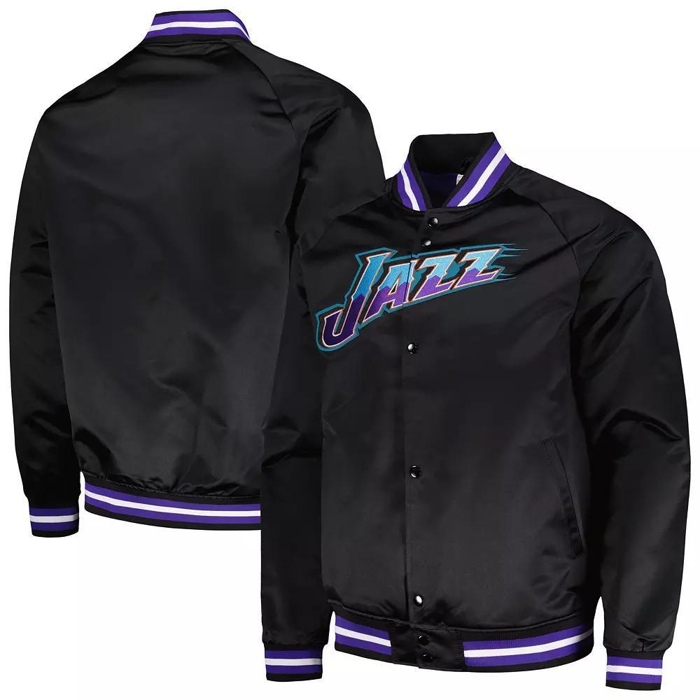 Men's Mitchell & Ness Black Utah Jazz Hardwood Classics  Throwback Wordmark Raglan Full-Snap Jacket, Size: 3XL, Jaz Black Product Image