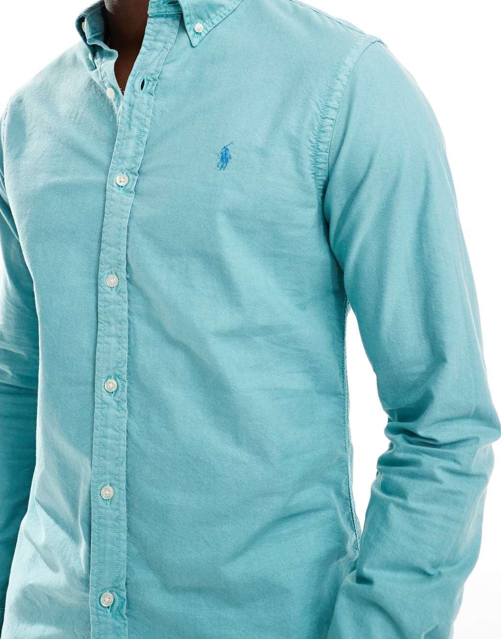 Polo Ralph Lauren icon logo slim fit garment dyed oxford shirt in light green Product Image
