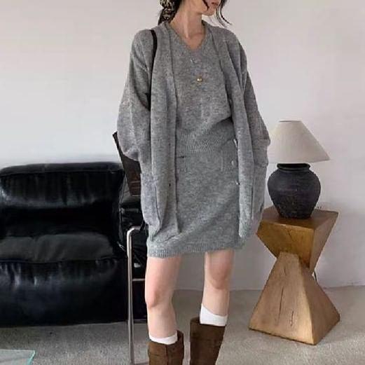Set: Plain Cardigan + V-Neck Knit Tank Top + High Waist Mini Pencil Skirt Product Image