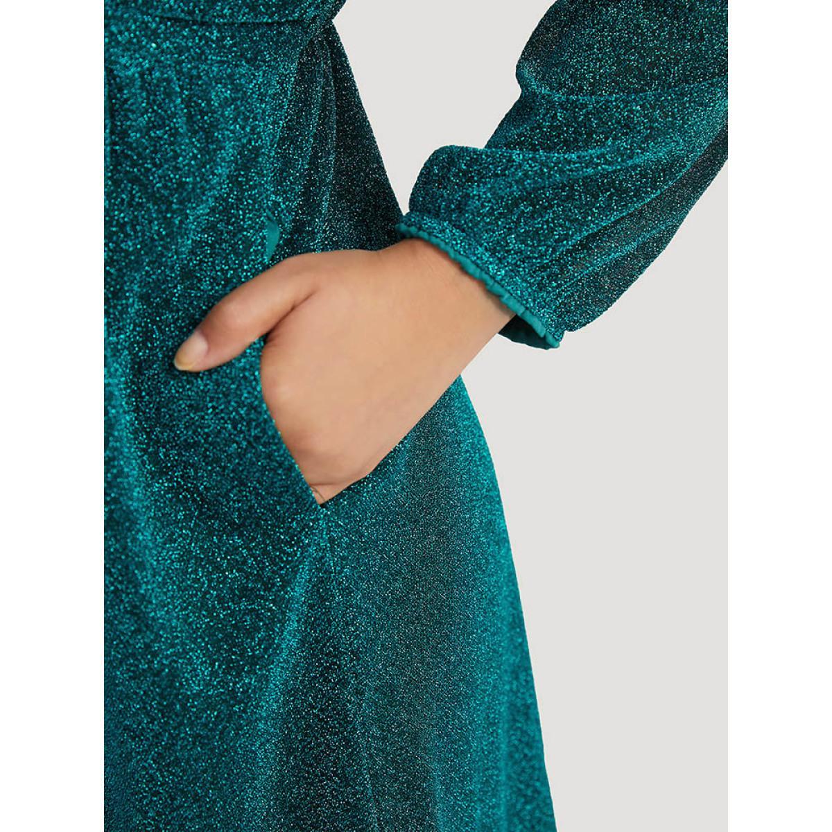 Plus Size Glitter Overlap Collar Pocket Ruched Dress Teal Women Elegant Elastic cuffs V-neck Long Sleeve Curvy Midi Dress BloomChic 28/5X Product Image