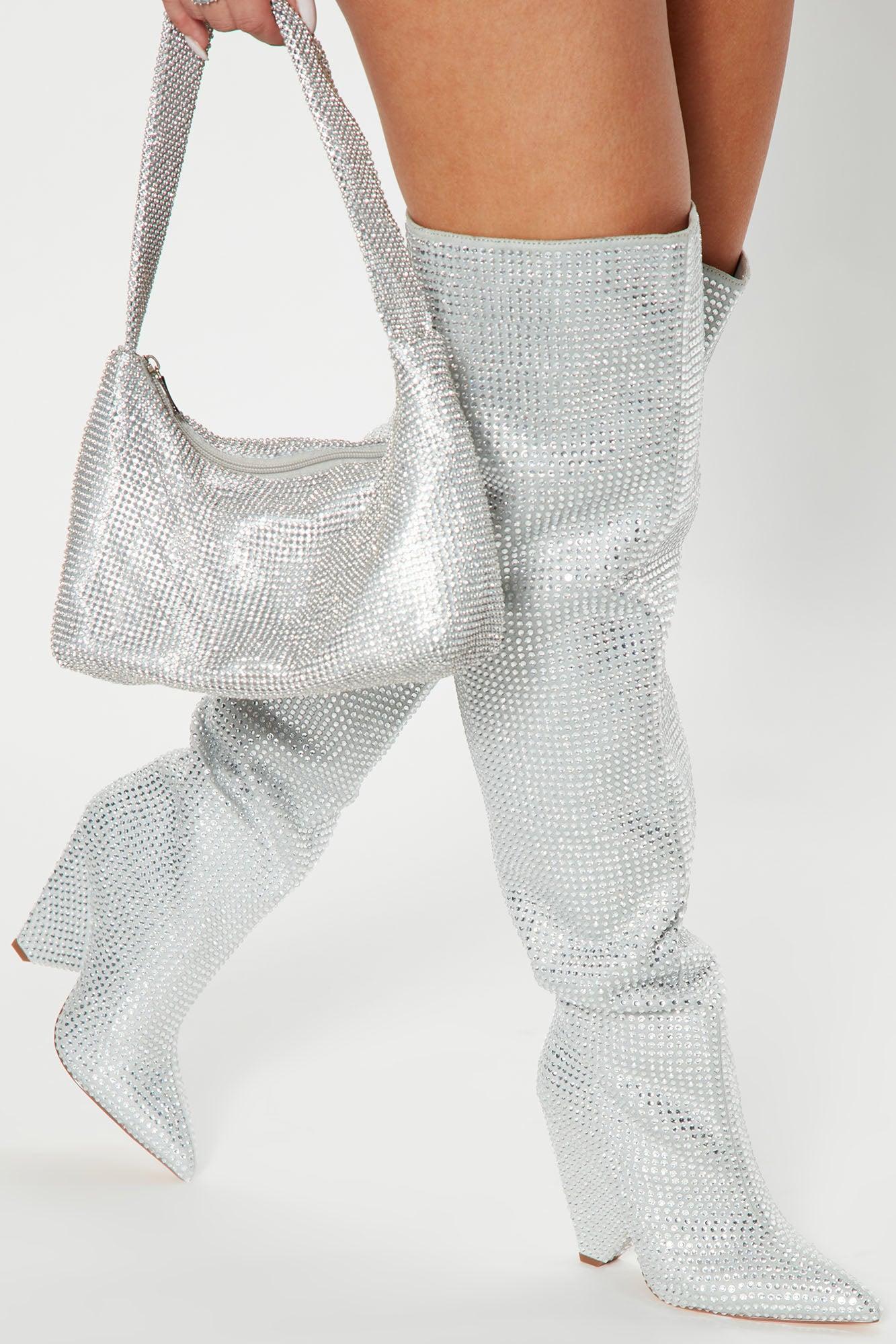 Put Me In The Spotlight Rhinestone Boots - Silver Product Image